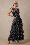 Black V Neck Floral Sparkly Sequin Tiered Long A Line Mother of the Bride Dress with Ruffles
