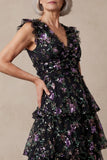Black V Neck Floral Sparkly Sequin Tiered Long A Line Mother of the Bride Dress with Ruffles