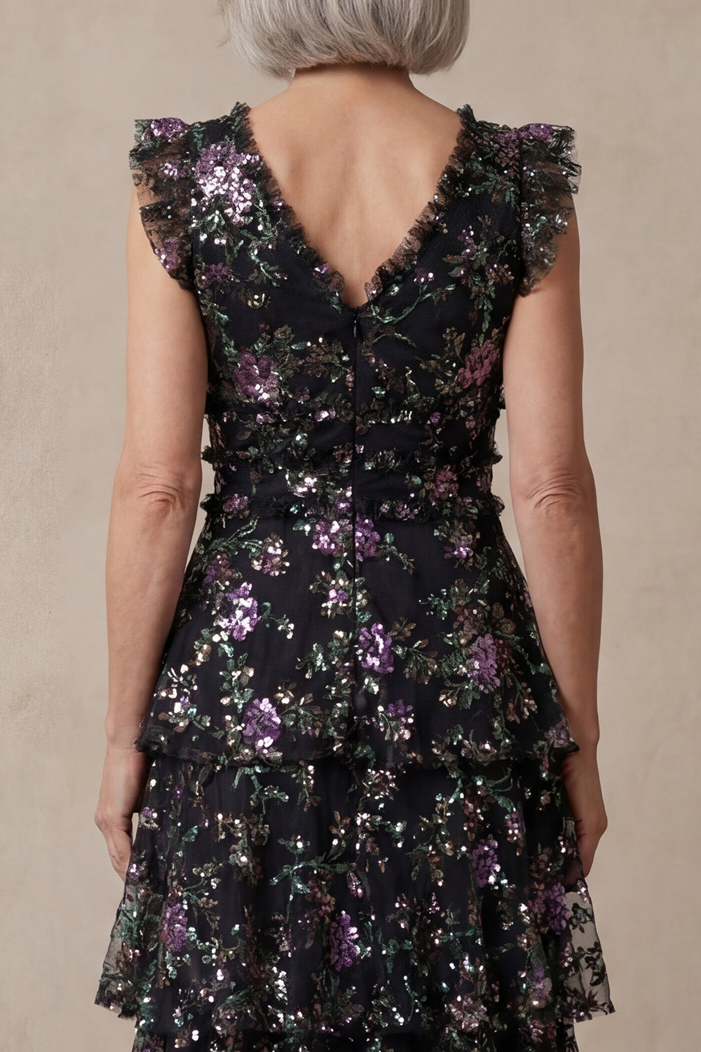 Black V Neck Floral Sparkly Sequin Tiered Long A Line Mother of the Bride Dress with Ruffles