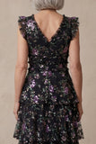 Black V Neck Floral Sparkly Sequin Tiered Long A Line Mother of the Bride Dress with Ruffles
