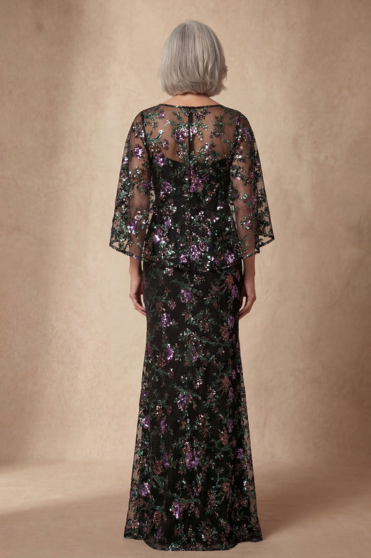 Sparkly Black Sequin Mermaid Long Floral Mother of the Bride Dress with Slit