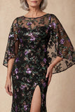 Sparkly Black Sequin Mermaid Long Floral Mother of the Bride Dress with Slit