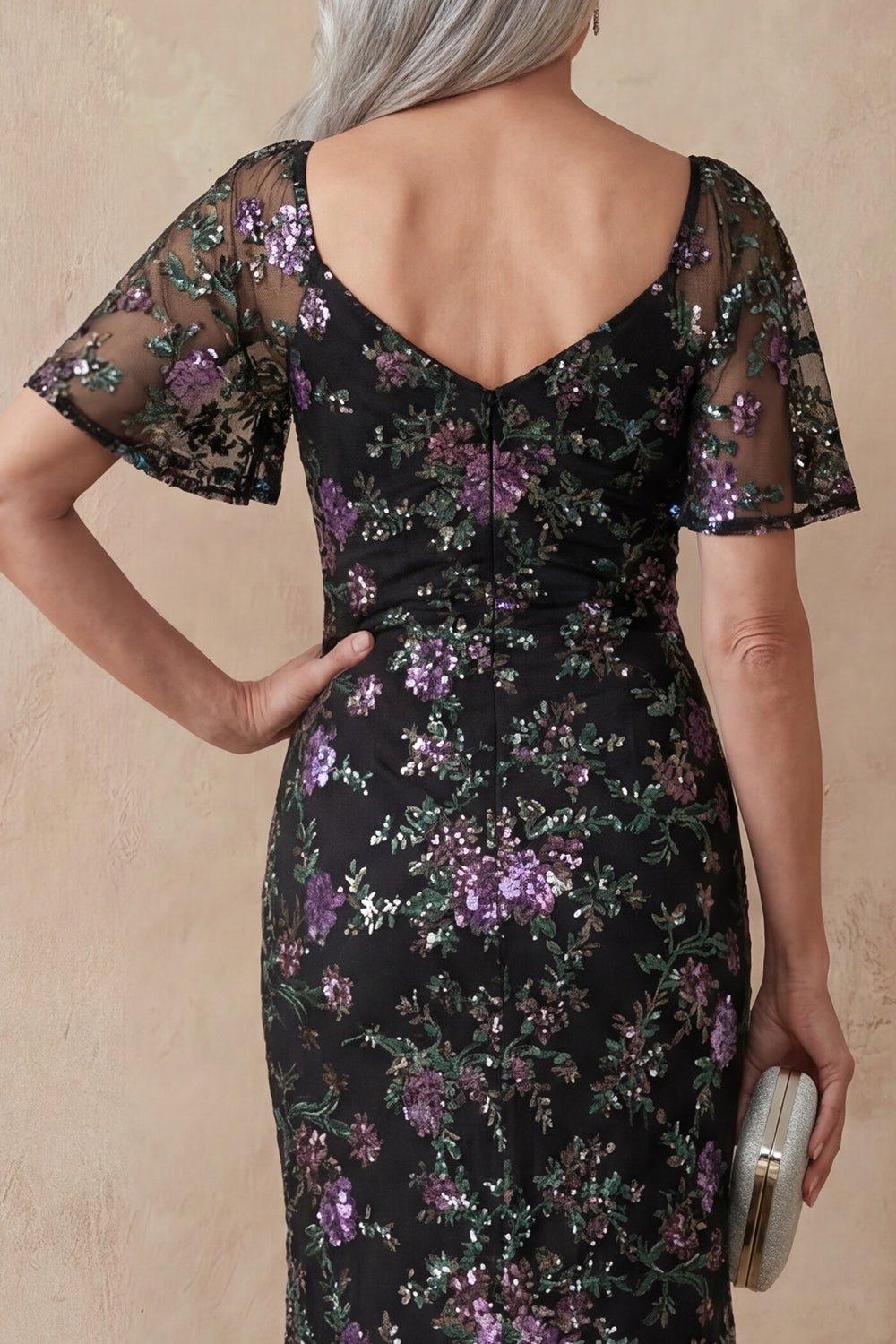 Black Floral Spakly Scoop Mermaid Long Mother of the Bride Dress