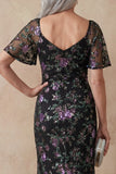 Black Floral Spakly Scoop Mermaid Long Mother of the Bride Dress