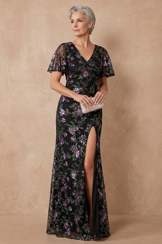 Sparkly Black V Neck Sequin Mermaid Long Mother of the Bride Dress with Slit