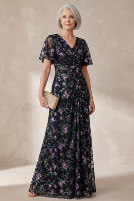 V Neck Sparkly Floral Black Long A Line Mother of the Bride Dress