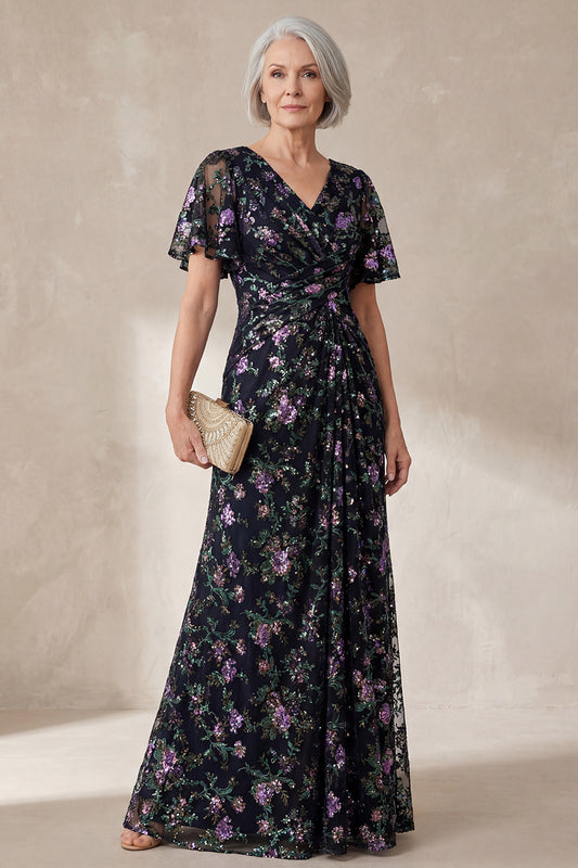 V Neck Sparkly Floral Black Long A Line Mother of the Bride Dress