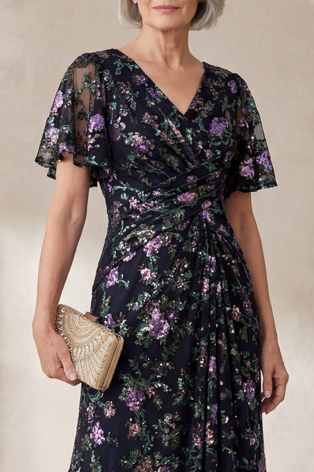 V Neck Sparkly Floral Black Long A Line Mother of the Bride Dress