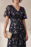 V Neck Sparkly Floral Black Long A Line Mother of the Bride Dress