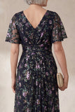 V Neck Sparkly Floral Black Long A Line Mother of the Bride Dress