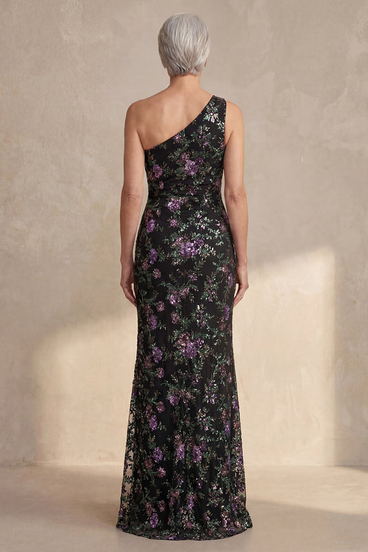 One Shoulder Sparkly Black Sequin Floral Long Mermaid Mother of the Bride Dress with Slit