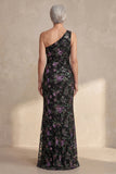 One Shoulder Sparkly Black Sequin Floral Long Mermaid Mother of the Bride Dress with Slit