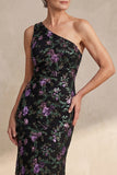 One Shoulder Sparkly Black Sequin Floral Long Mermaid Mother of the Bride Dress with Slit
