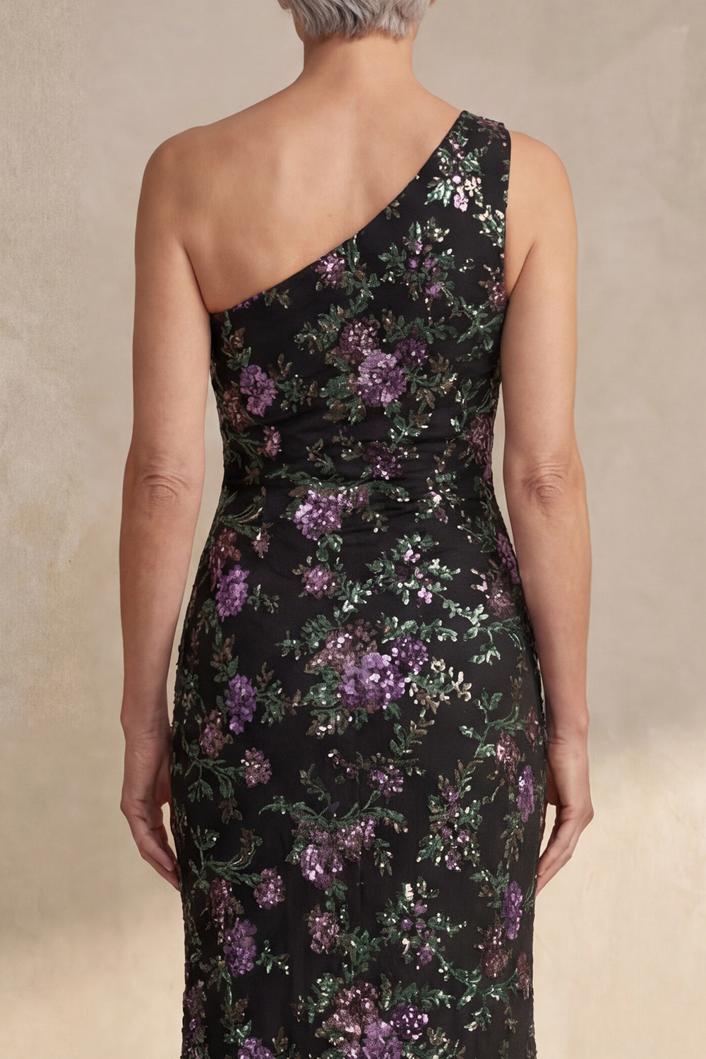 One Shoulder Sparkly Black Sequin Floral Long Mermaid Mother of the Bride Dress with Slit