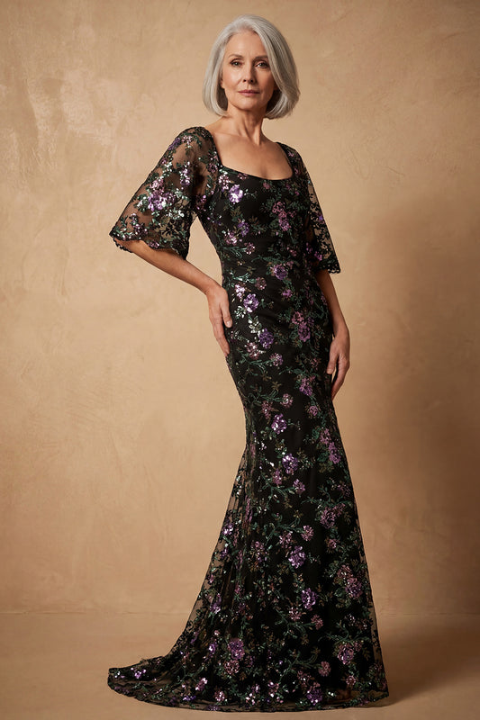 Square Neck Black Sparkly Floral Long Mermaid Mother of the Bride Dress with Sleeves