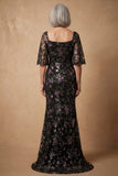 Square Neck Black Sparkly Floral Long Mermaid Mother of the Bride Dress with Sleeves