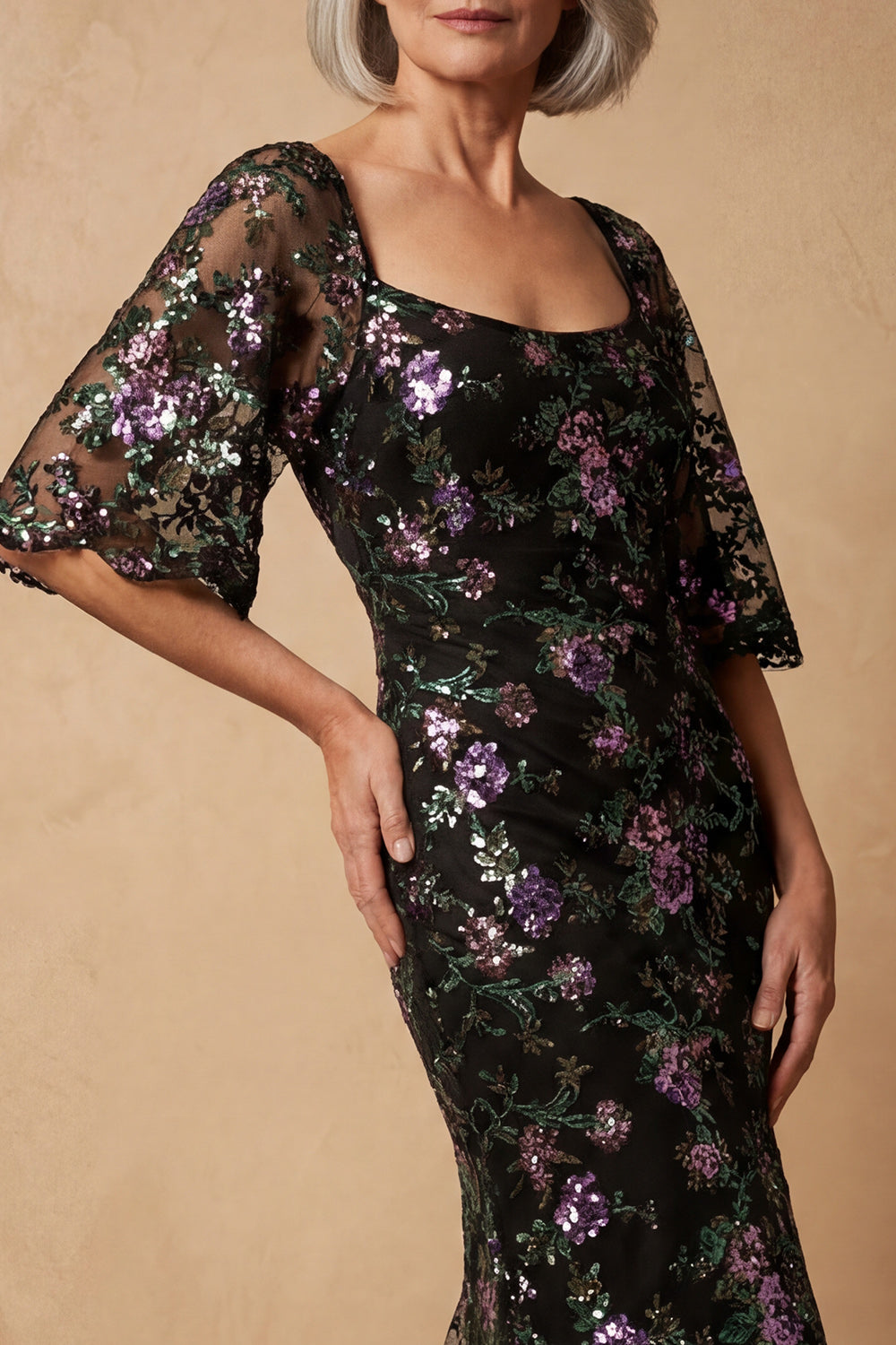 Square Neck Black Sparkly Floral Long Mermaid Mother of the Bride Dress with Sleeves