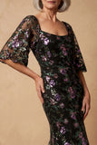 Square Neck Black Sparkly Floral Long Mermaid Mother of the Bride Dress with Sleeves