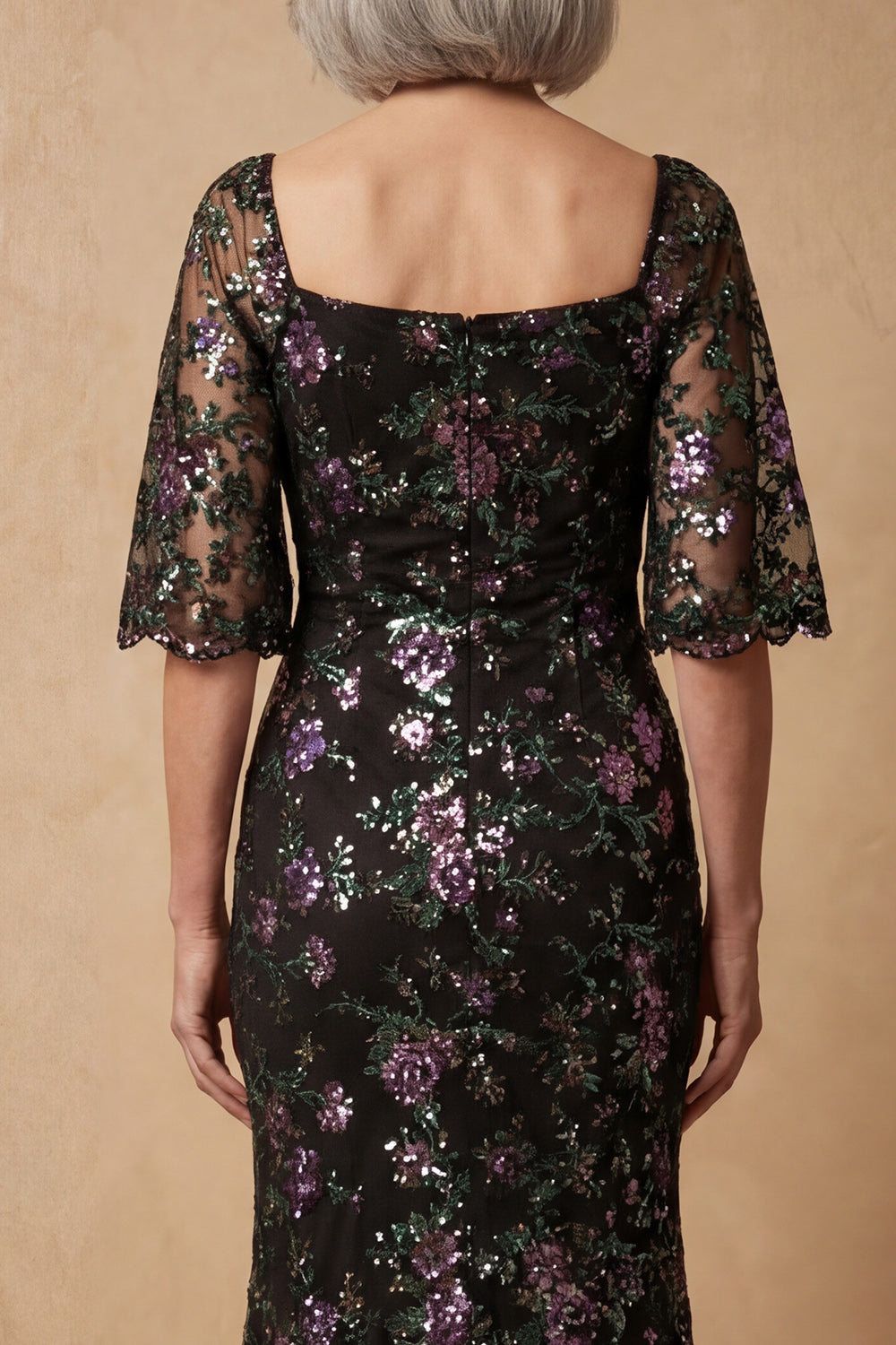 Square Neck Black Sparkly Floral Long Mermaid Mother of the Bride Dress with Sleeves