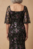 Square Neck Black Sparkly Floral Long Mermaid Mother of the Bride Dress with Sleeves