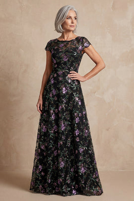 Boat Neck Long A Line Sparkly Black Long Floral Mother of the Bride Dress