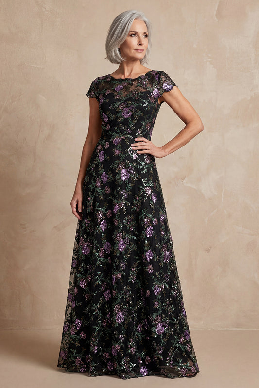 Boat Neck Long A Line Sparkly Black Long Floral Mother of the Bride Dress