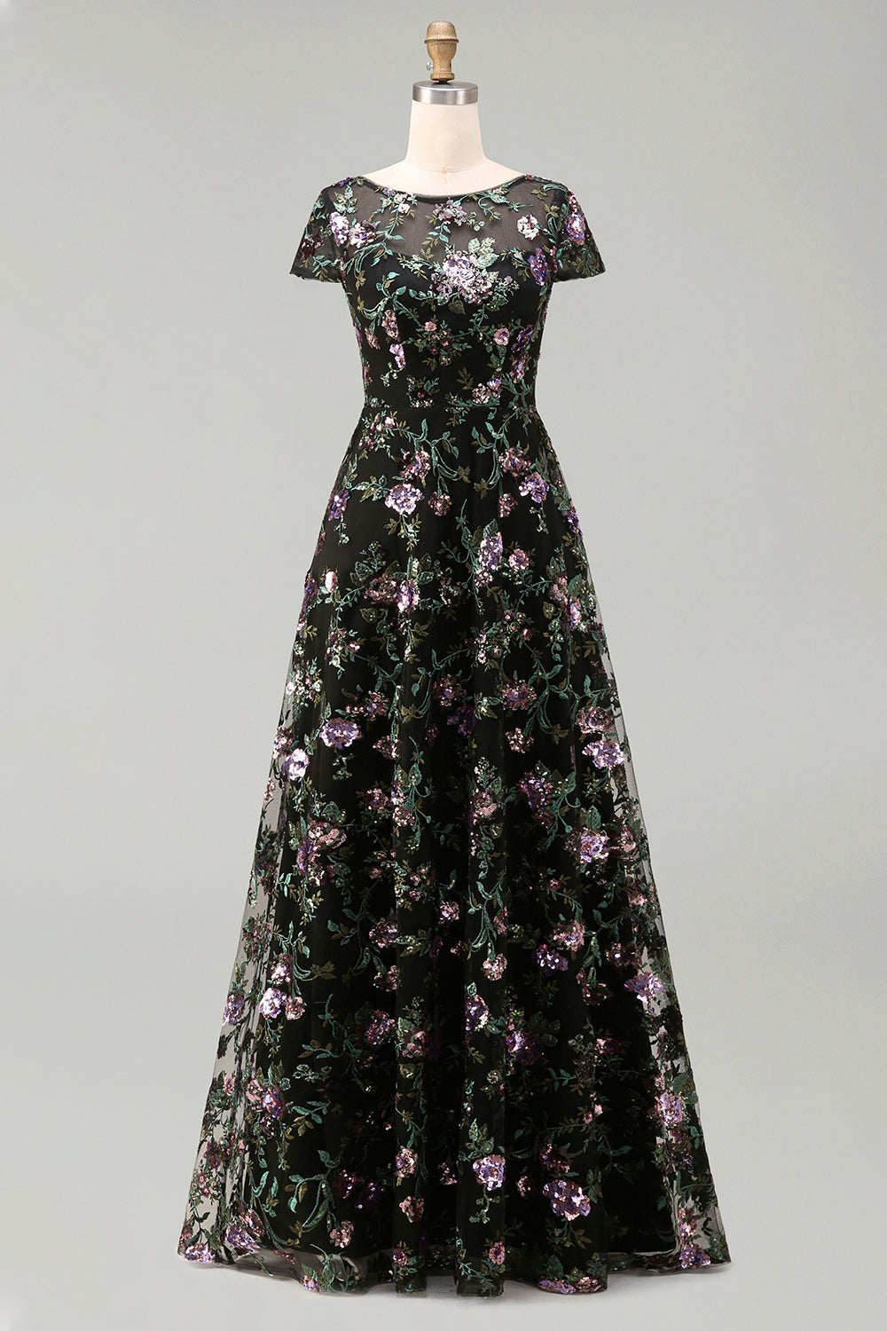Boat Neck Long A Line Sparkly Black Long Floral Mother of the Bride Dress