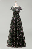 Boat Neck Long A Line Sparkly Black Long Floral Mother of the Bride Dress
