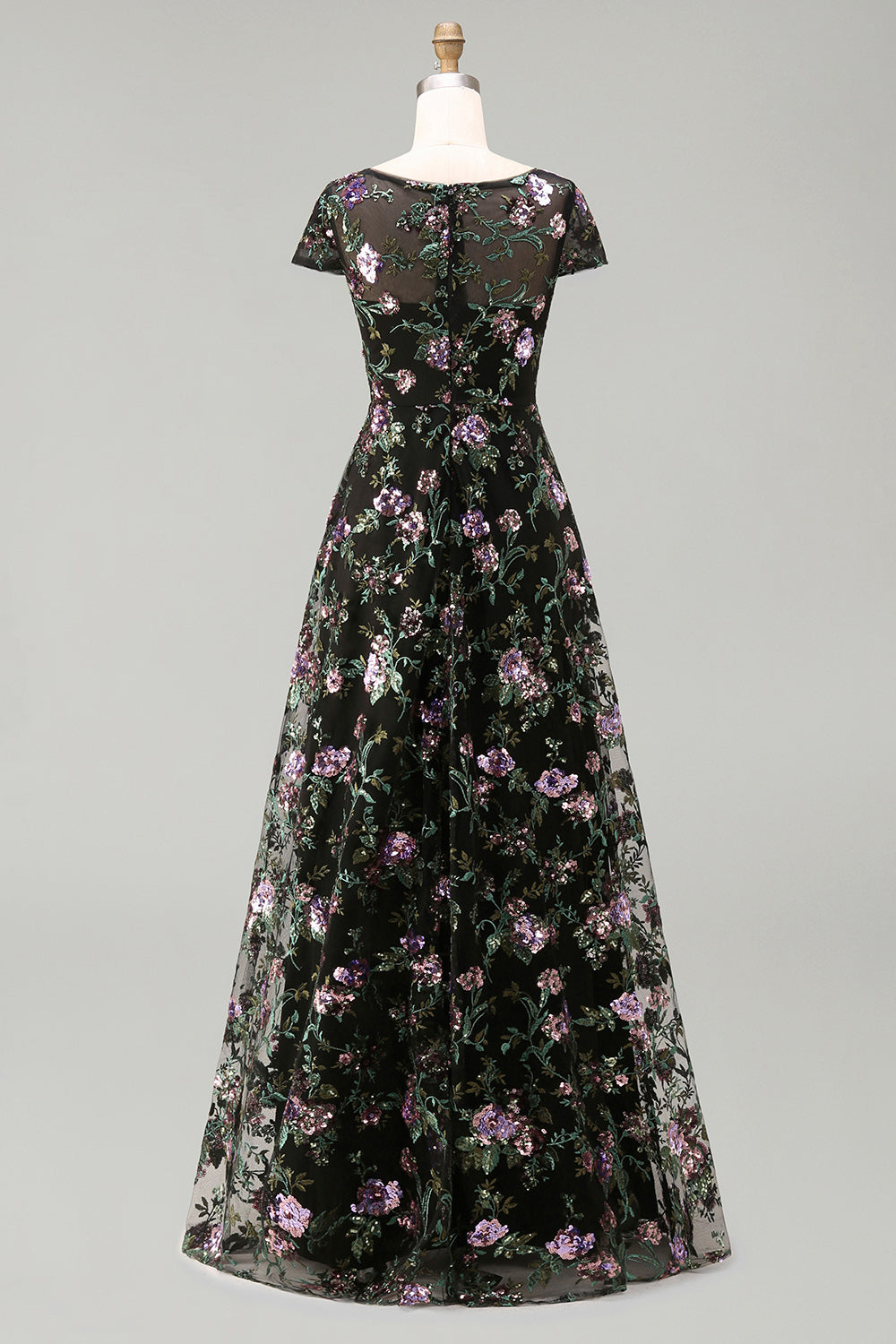 Boat Neck Long A Line Sparkly Black Long Floral Mother of the Bride Dress
