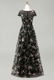 Boat Neck Long A Line Sparkly Black Long Floral Mother of the Bride Dress
