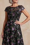 Boat Neck Long A Line Sparkly Black Long Floral Mother of the Bride Dress