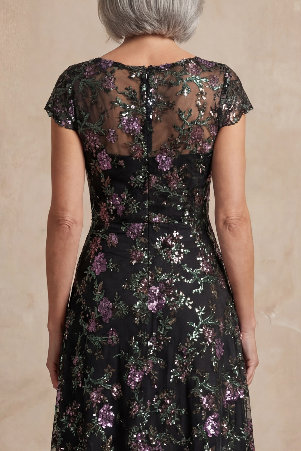 Boat Neck Long A Line Sparkly Black Long Floral Mother of the Bride Dress