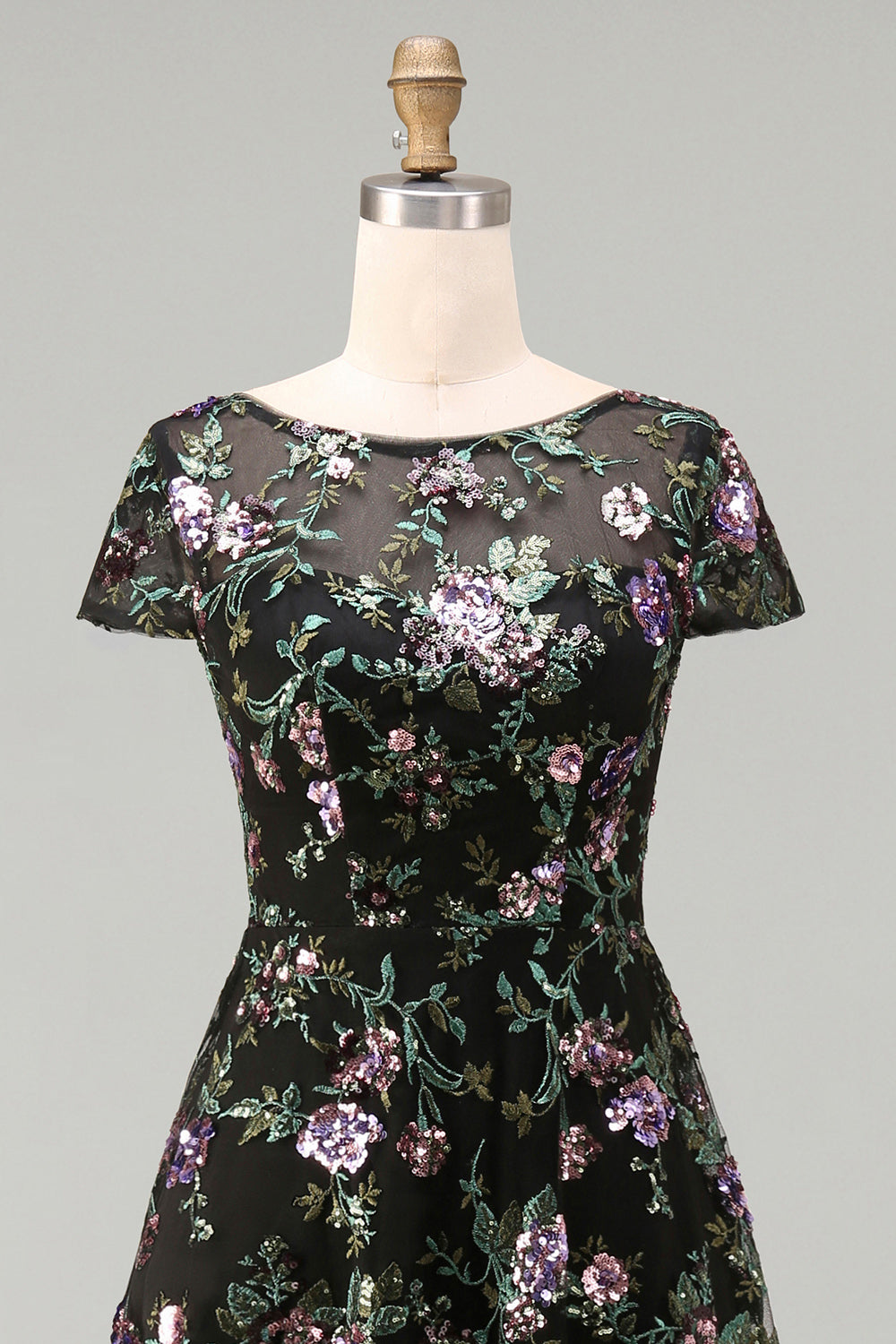 Boat Neck Long A Line Sparkly Black Long Floral Mother of the Bride Dress