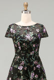 Boat Neck Long A Line Sparkly Black Long Floral Mother of the Bride Dress