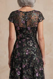 Boat Neck Long A Line Sparkly Black Long Floral Mother of the Bride Dress