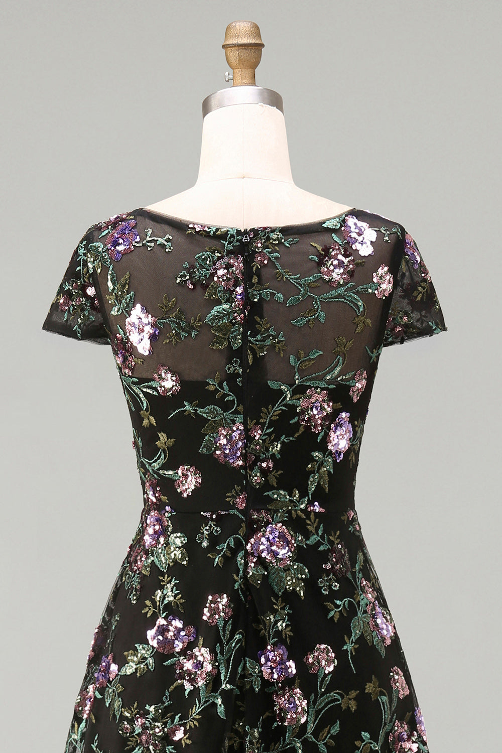 Boat Neck Long A Line Sparkly Black Long Floral Mother of the Bride Dress