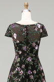 Boat Neck Long A Line Sparkly Black Long Floral Mother of the Bride Dress