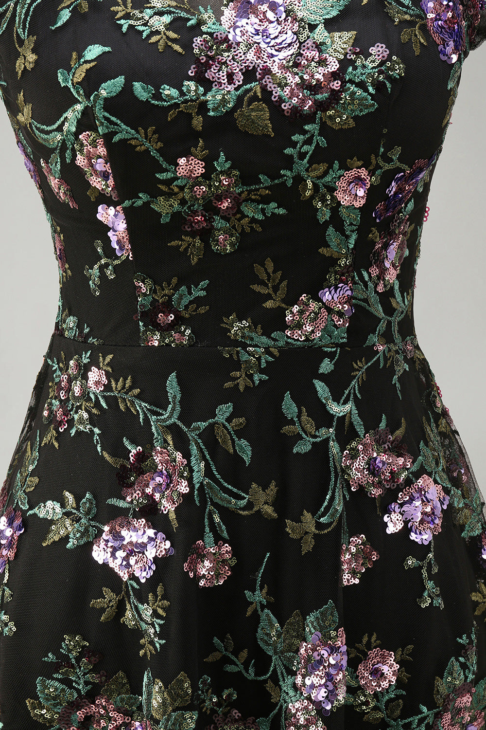 Boat Neck Long A Line Sparkly Black Long Floral Mother of the Bride Dress