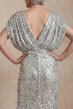 Sparkly Silver V Neck Sequin Long Mermaid Mother of the Bride Dress
