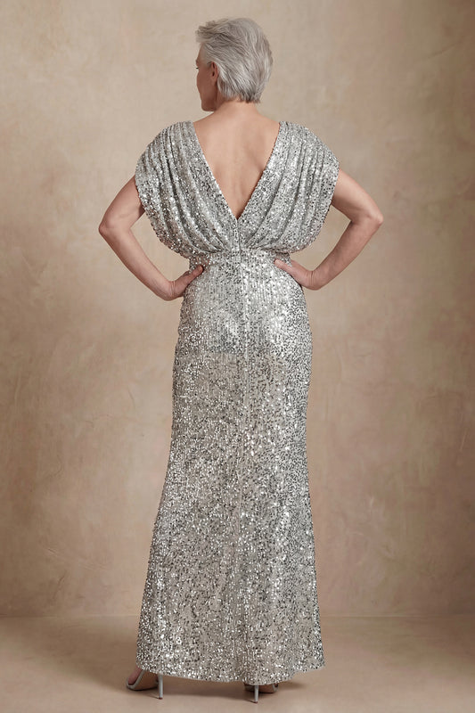 Sparkly Silver V Neck Sequin Long Mermaid Mother of the Bride Dress