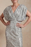 Sparkly Silver V Neck Sequin Long Mermaid Mother of the Bride Dress
