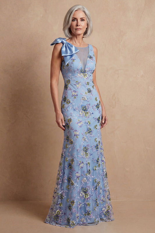 Blue Mermaid Floral Long Mermaid Mother of the Bride Dress with Bow