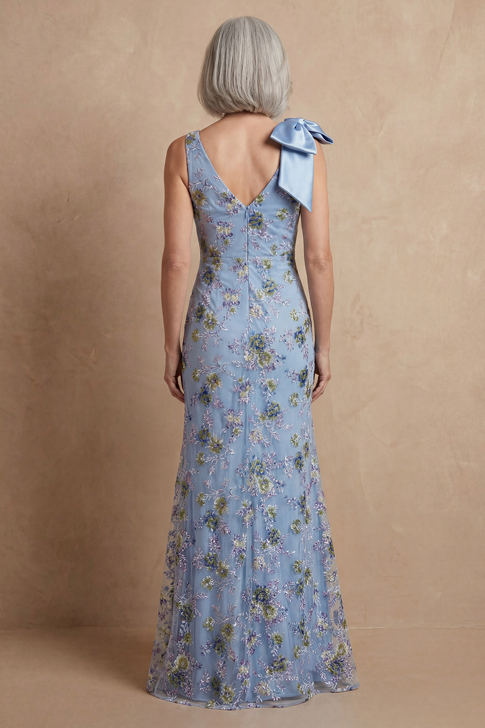 Blue Mermaid Floral Long Mermaid Mother of the Bride Dress with Bow