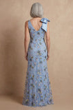 Blue Mermaid Floral Long Mermaid Mother of the Bride Dress with Bow