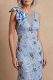 Blue Mermaid Floral Long Mermaid Mother of the Bride Dress with Bow