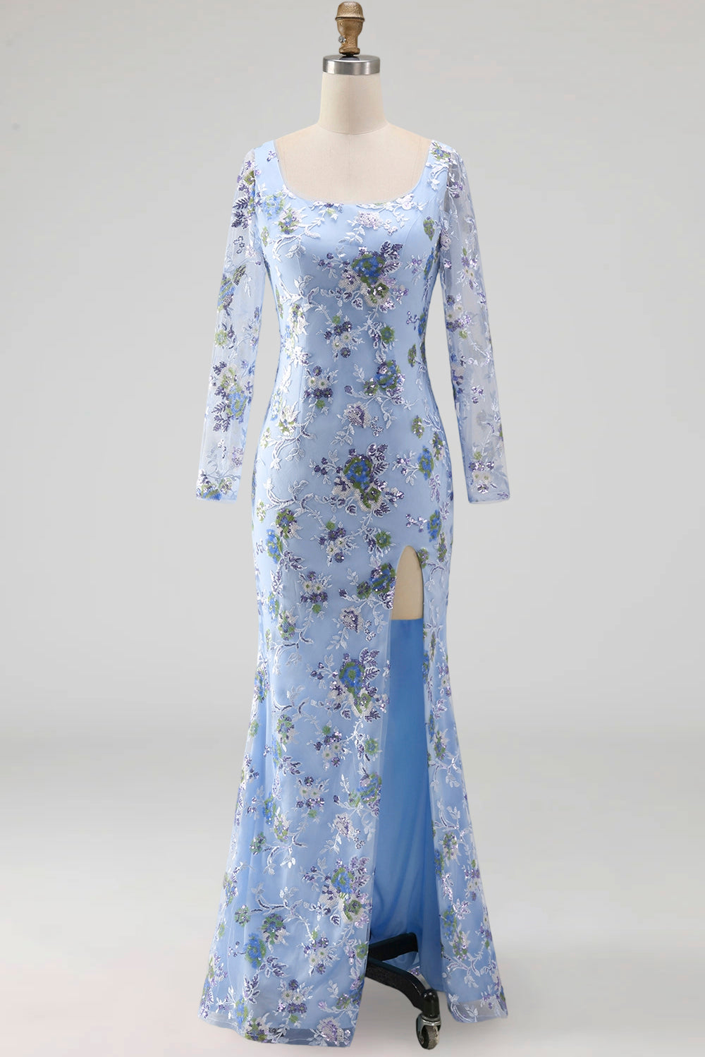 Blue Scoop Neck Long Mermaid Floral Mother Of the Bride Dress with Slit