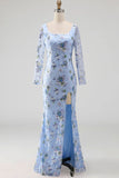 Blue Scoop Neck Long Mermaid Floral Mother Of the Bride Dress with Slit