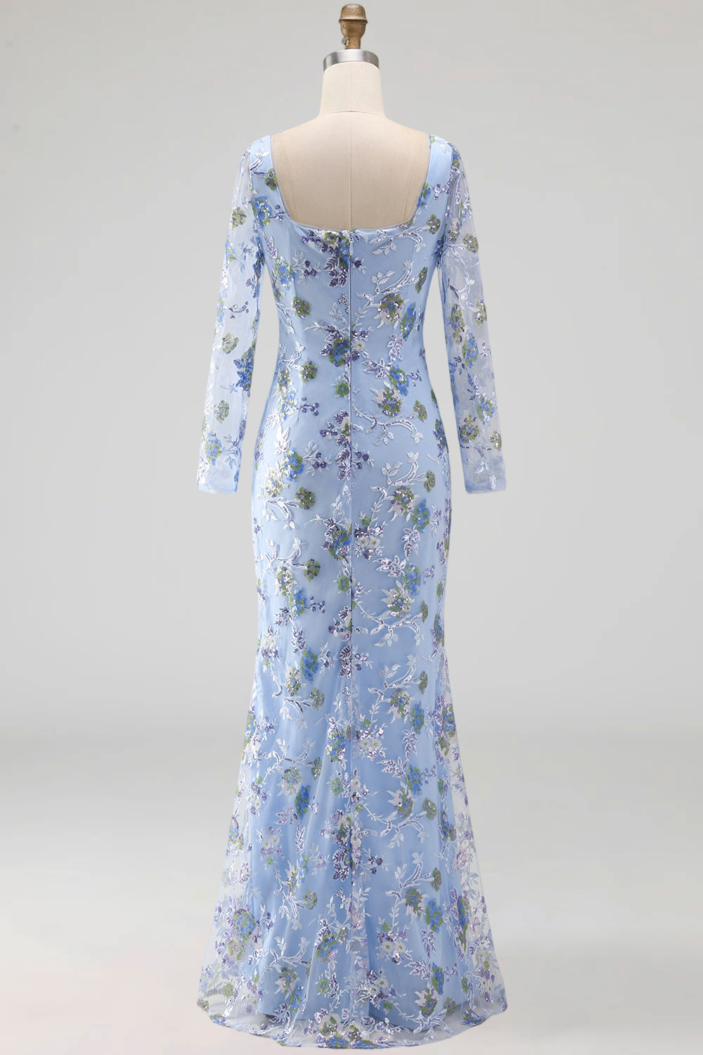 Blue Scoop Neck Long Mermaid Floral Mother Of the Bride Dress with Slit