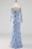 Blue Scoop Neck Long Mermaid Floral Mother Of the Bride Dress with Slit