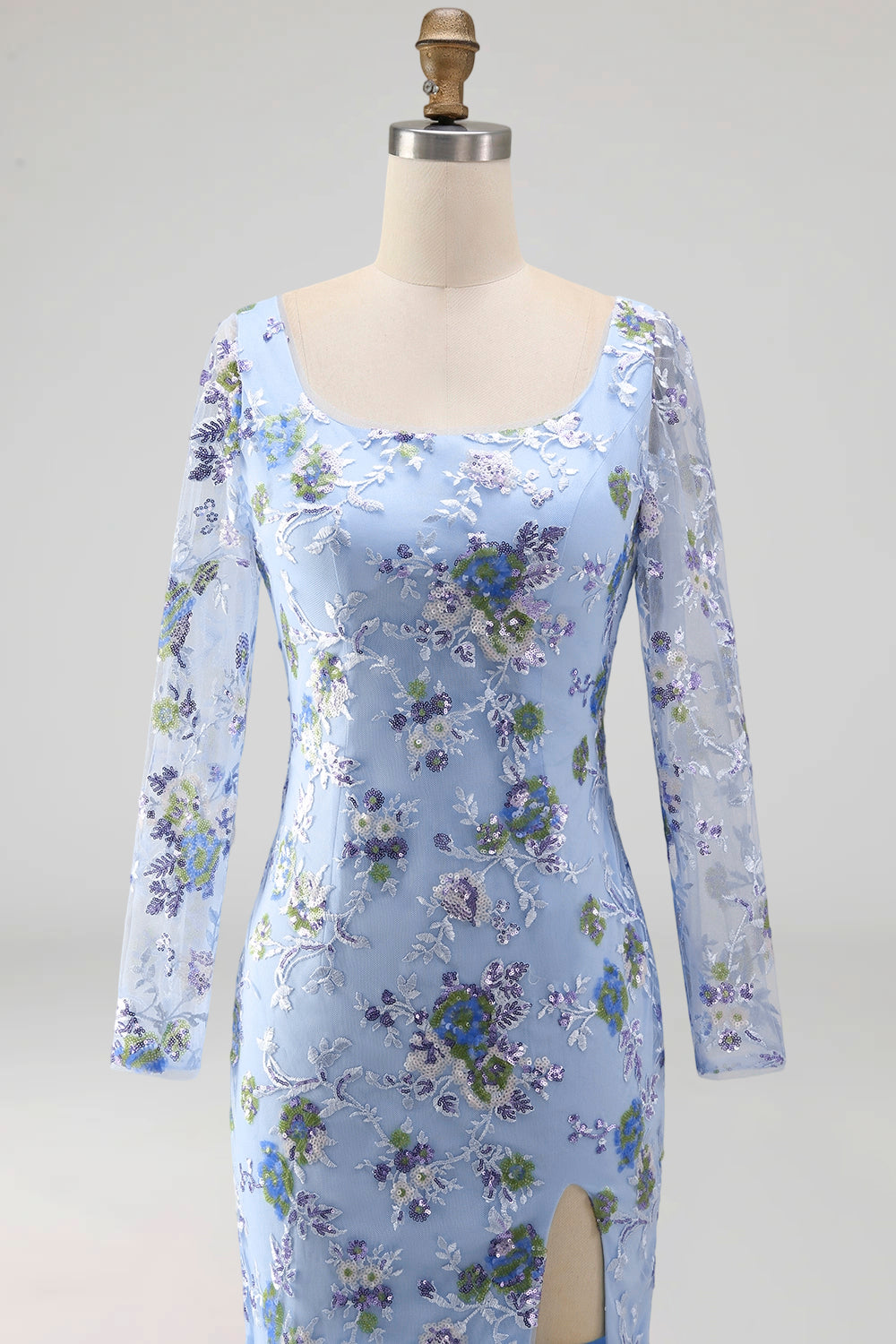 Blue Scoop Neck Long Mermaid Floral Mother Of the Bride Dress with Slit